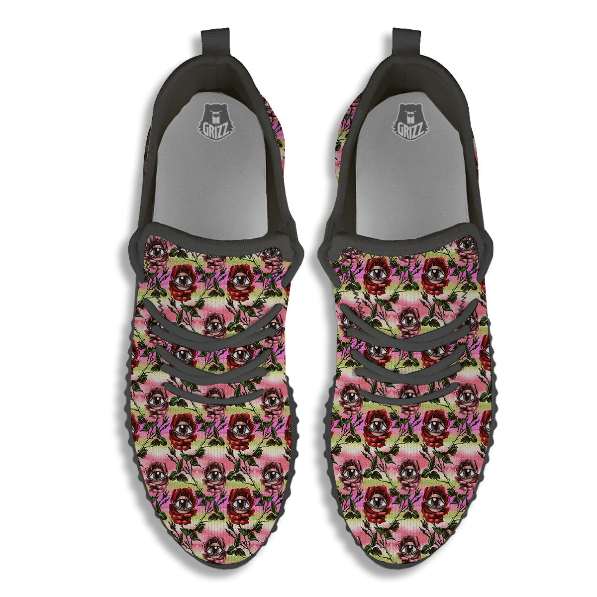 Rose Eyeball Print Pattern Black Walking Shoes-grizzshop