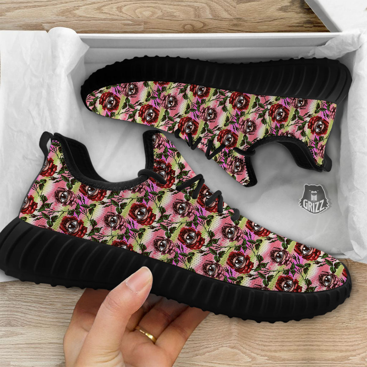 Rose Eyeball Print Pattern Black Walking Shoes-grizzshop