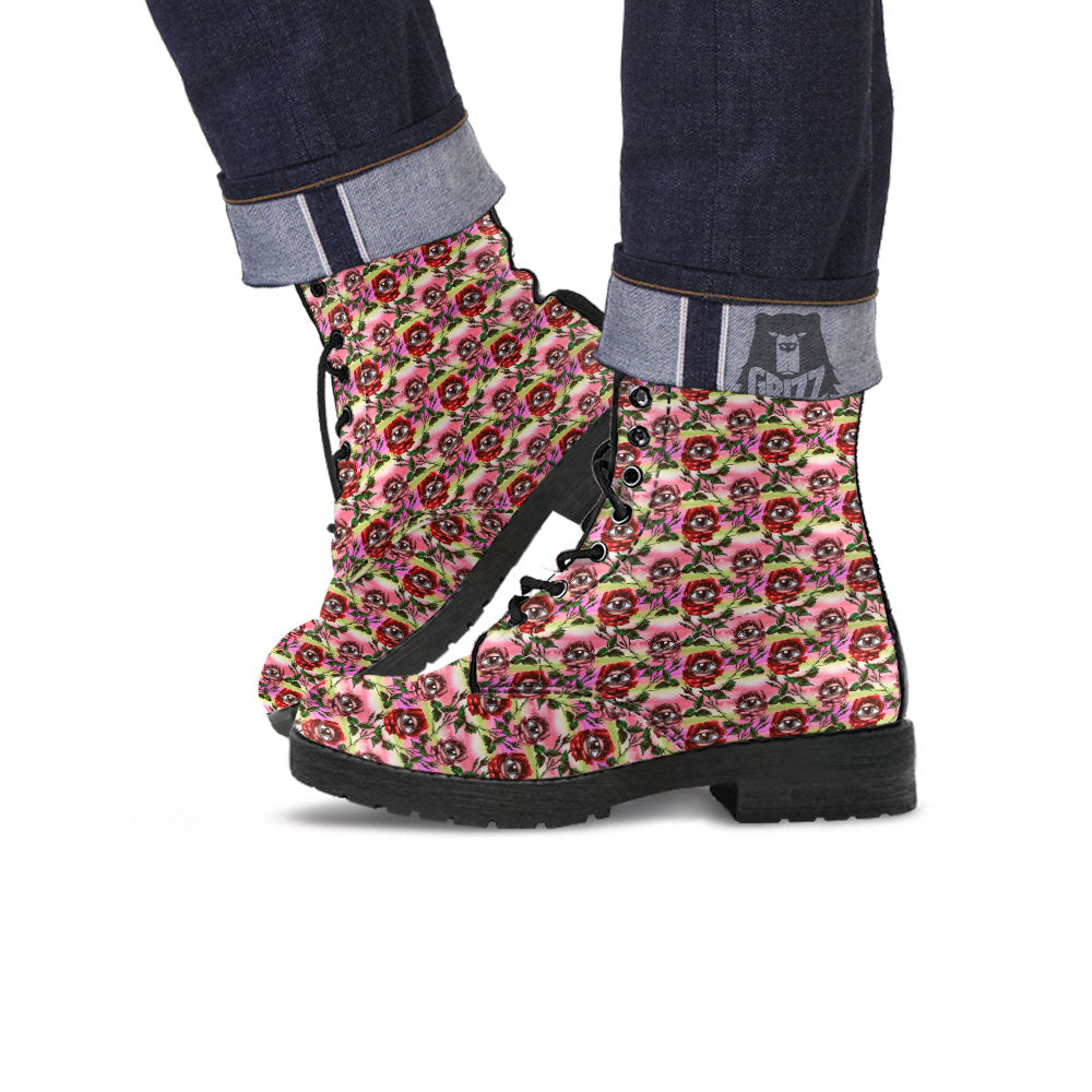 Rose Eyeball Print Pattern Leather Boots-grizzshop