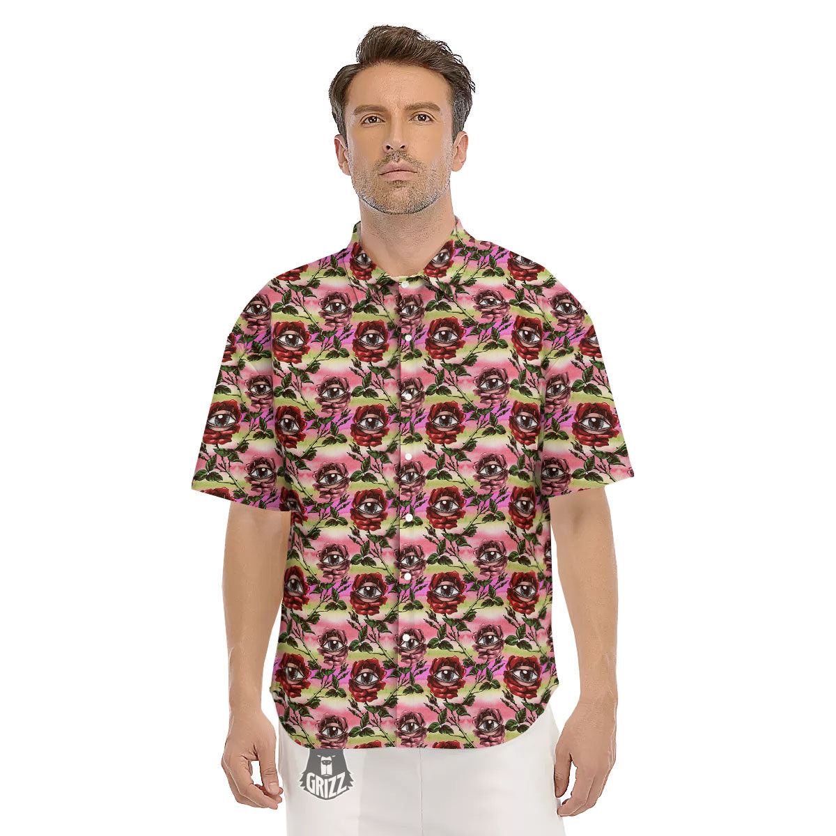 Rose Eyeball Print Pattern Men's Short Sleeve Shirts-grizzshop