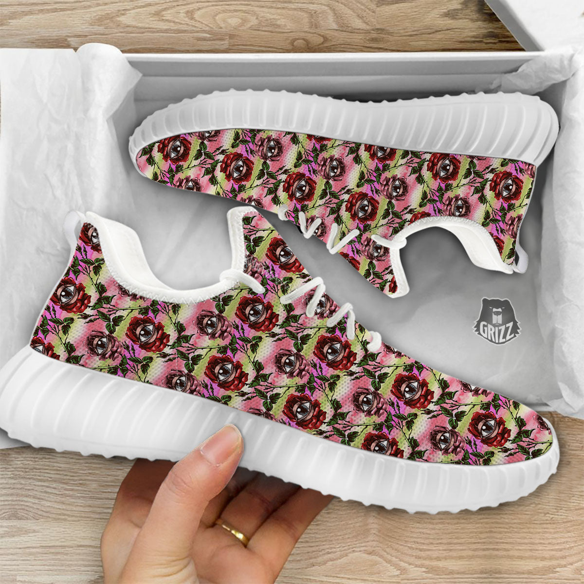 Rose Eyeball Print Pattern White Walking Shoes-grizzshop