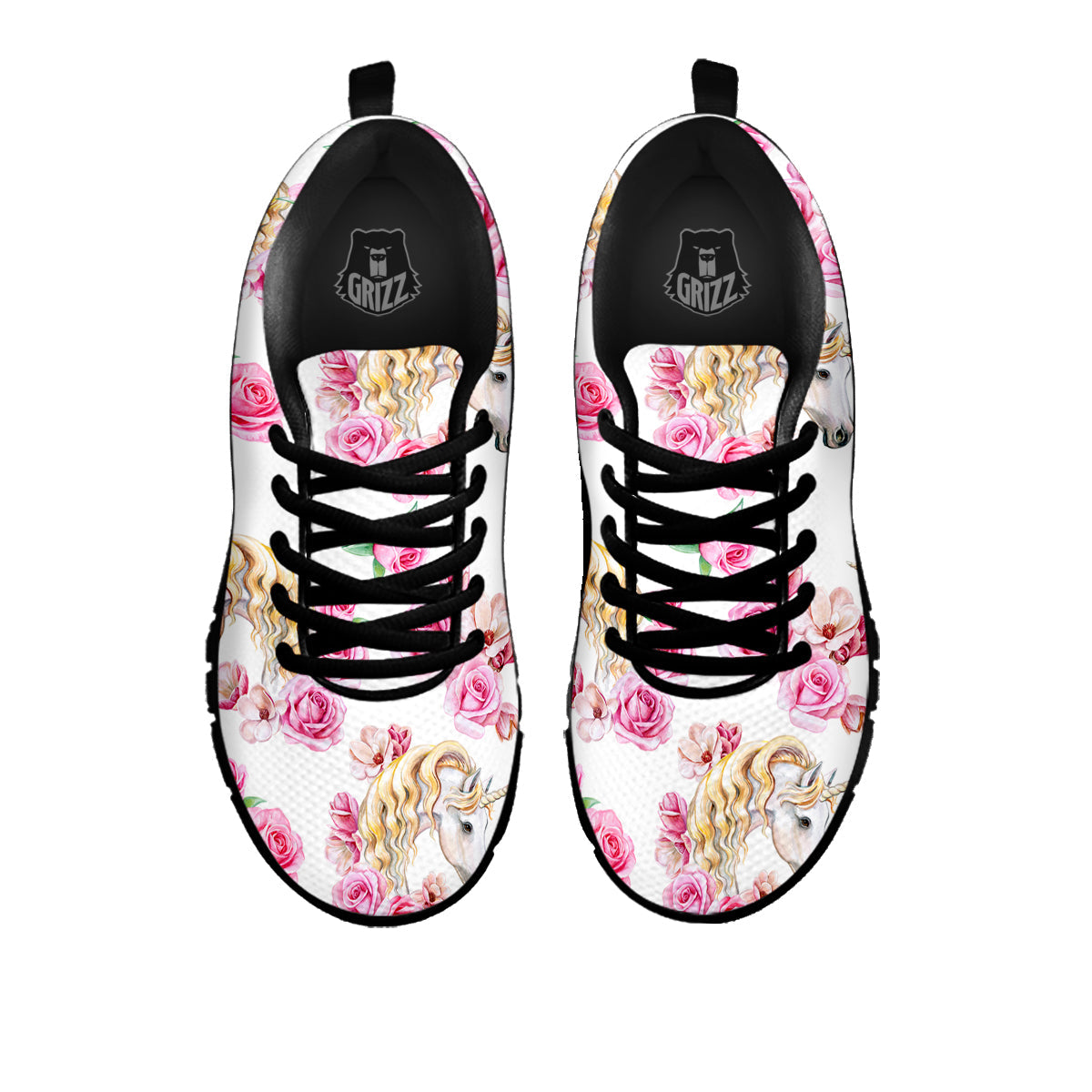 Rose Fairy White Unicorn Print Pattern Black Sneaker-grizzshop