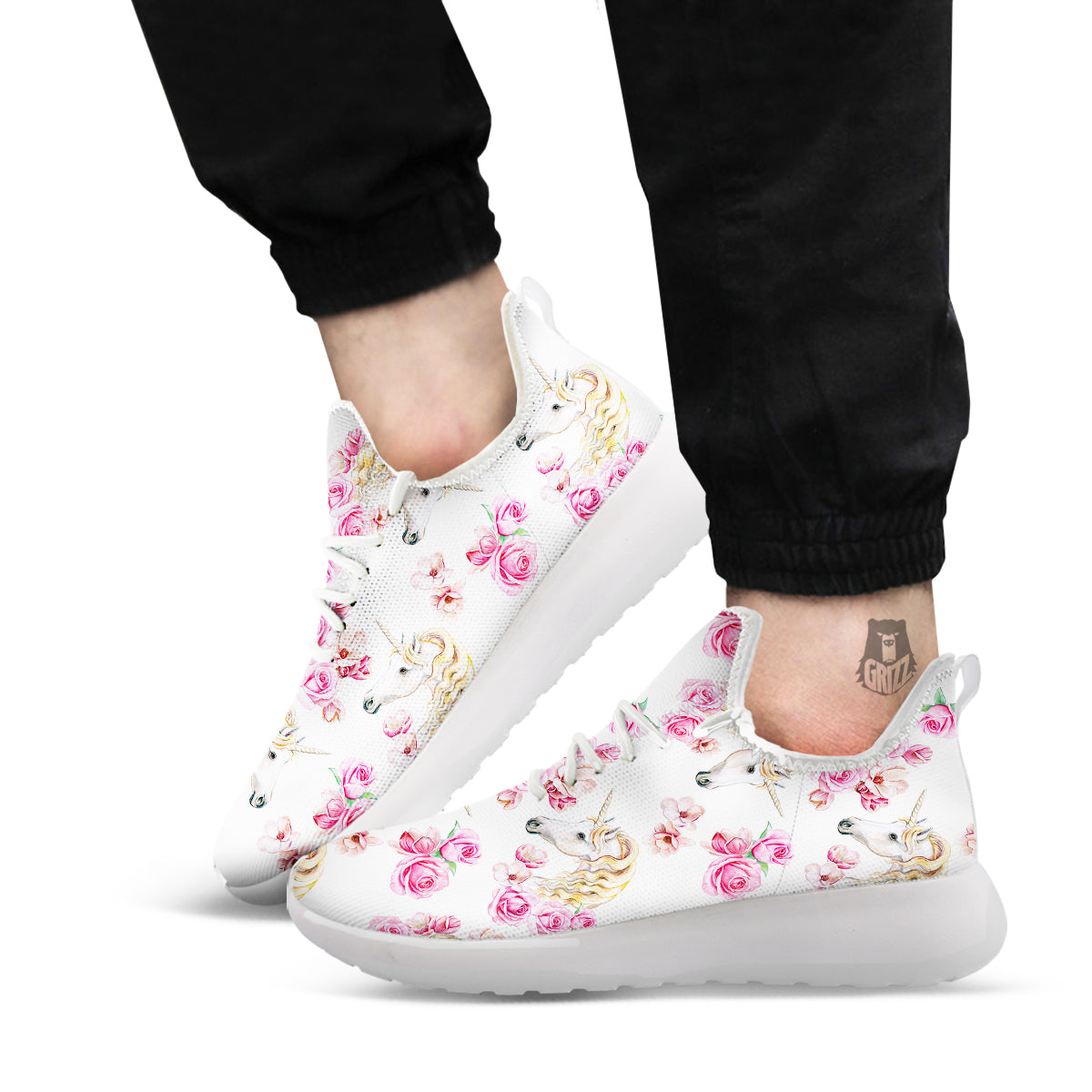 Rose Fairy White Unicorn Print Pattern White Athletic Shoes-grizzshop