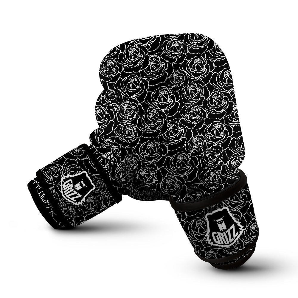 Rose Floral Black Print Pattern Boxing Gloves-grizzshop