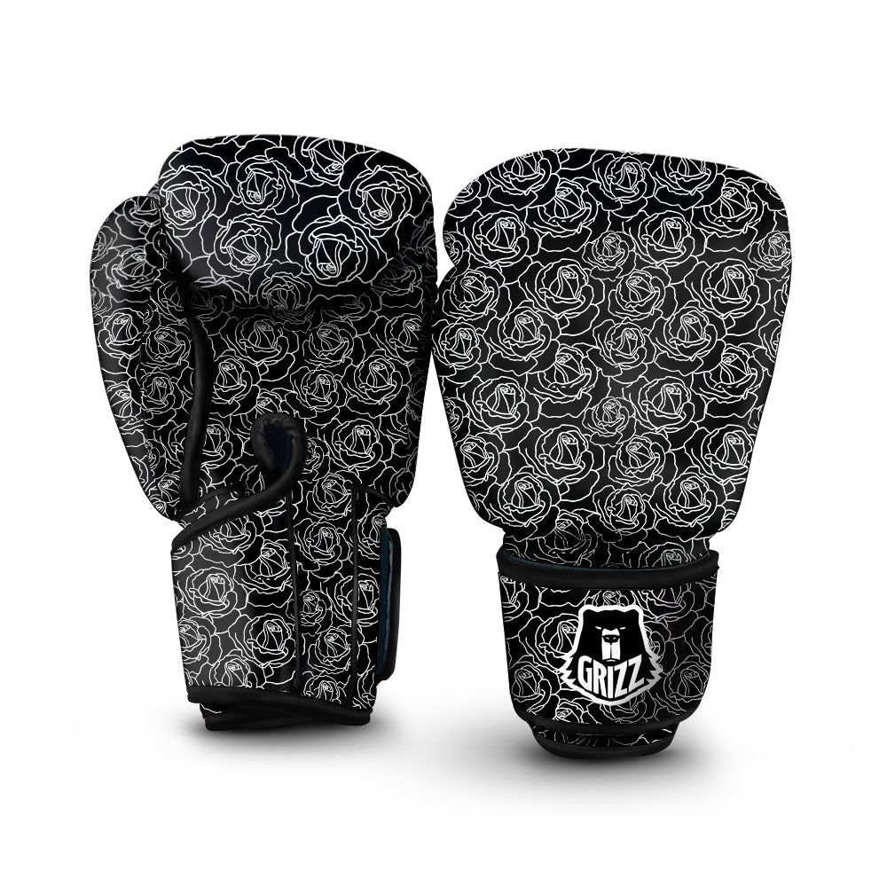 Rose Floral Black Print Pattern Boxing Gloves-grizzshop