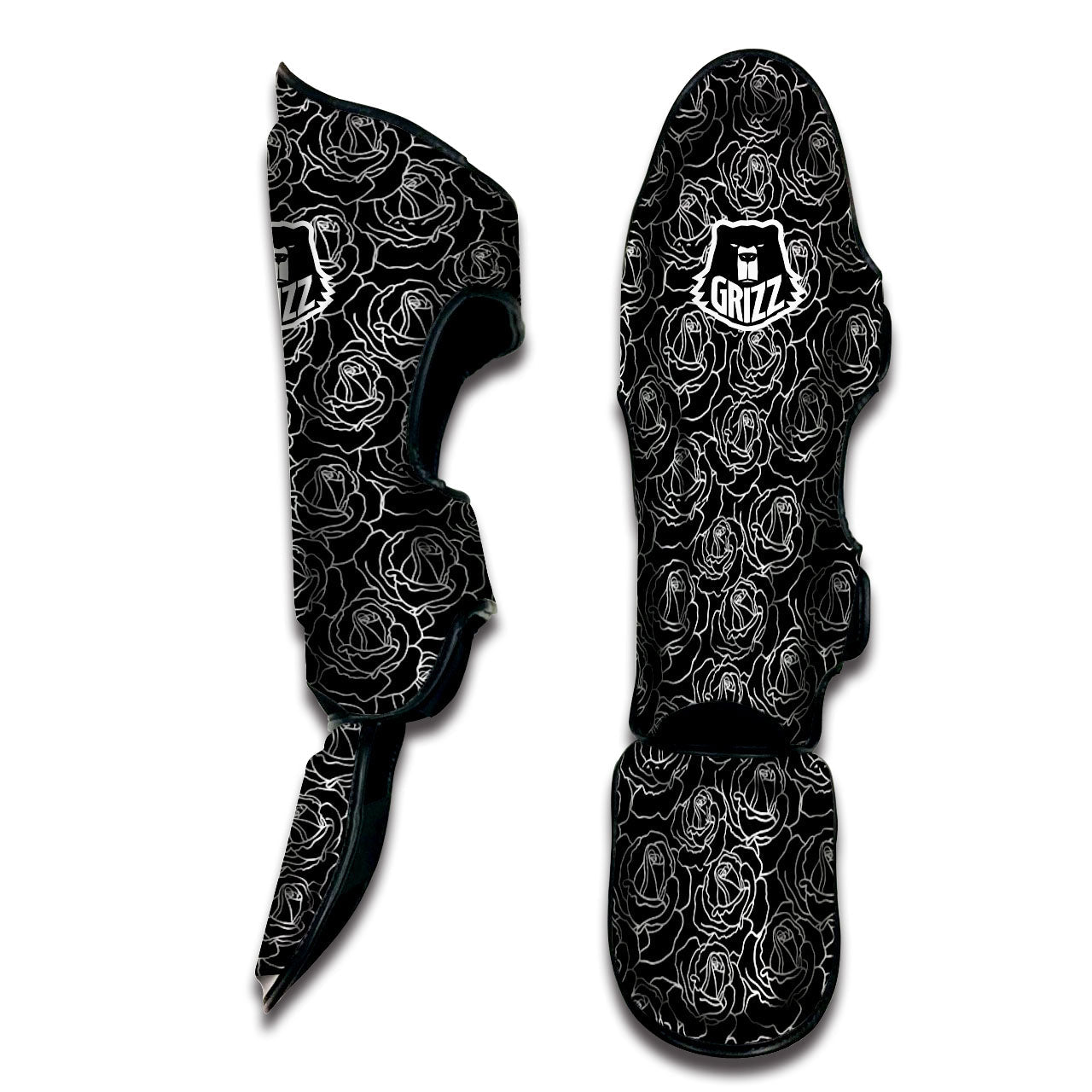 Rose Floral Black Print Pattern Muay Thai Shin Guards-grizzshop