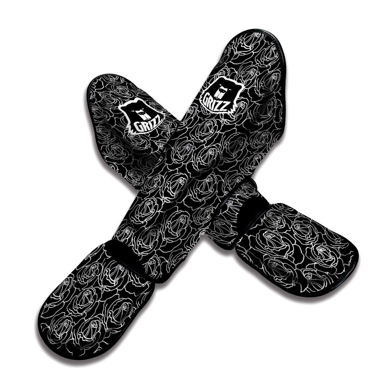 Rose Floral Black Print Pattern Muay Thai Shin Guards-grizzshop