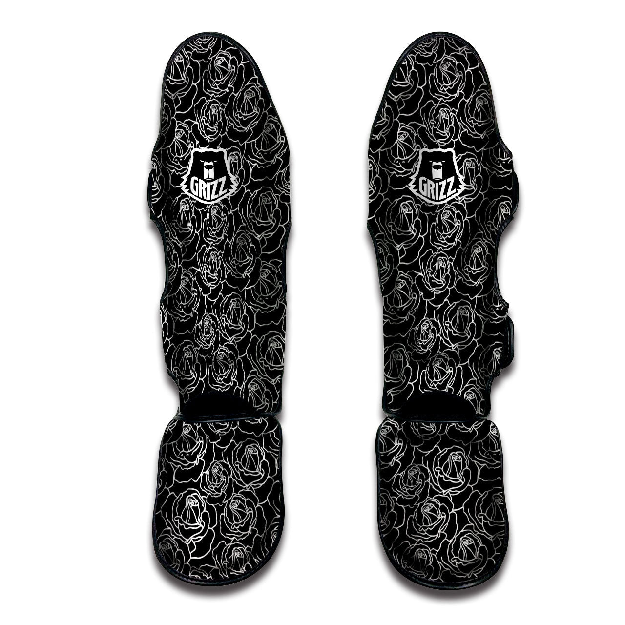 Rose Floral Black Print Pattern Muay Thai Shin Guards-grizzshop