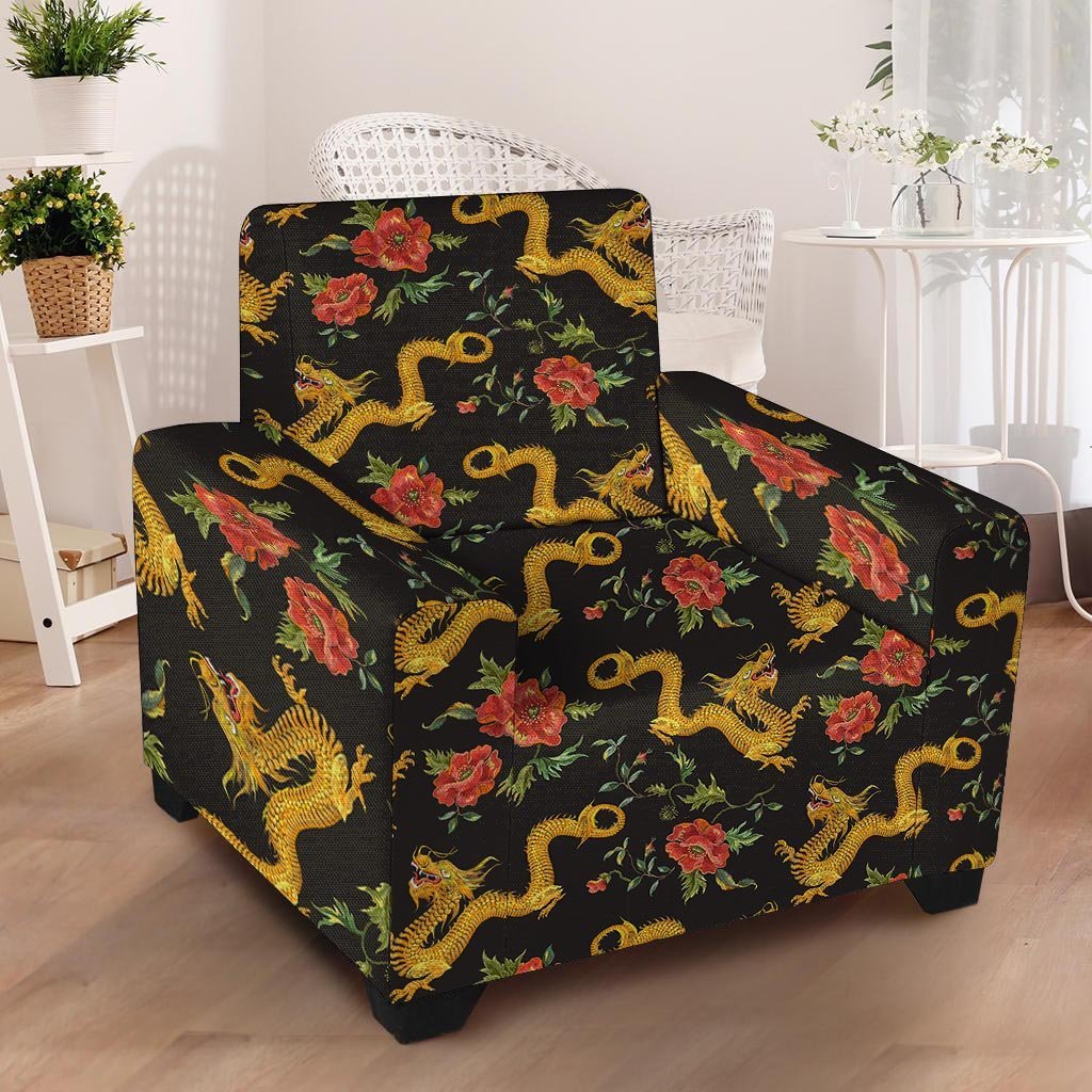 Rose Floral Golden Dragon Print Armchair Cover-grizzshop