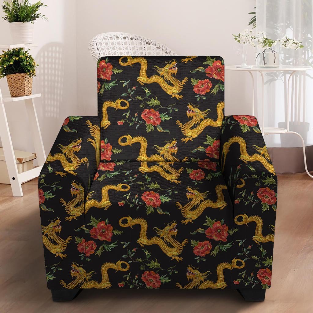 Rose Floral Golden Dragon Print Armchair Cover-grizzshop