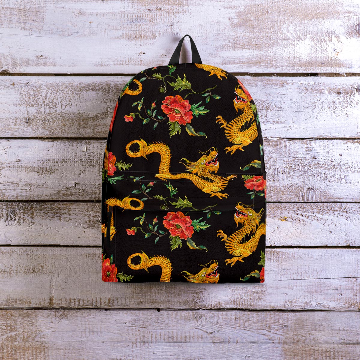 Rose Floral Golden Dragon Print Backpack-grizzshop