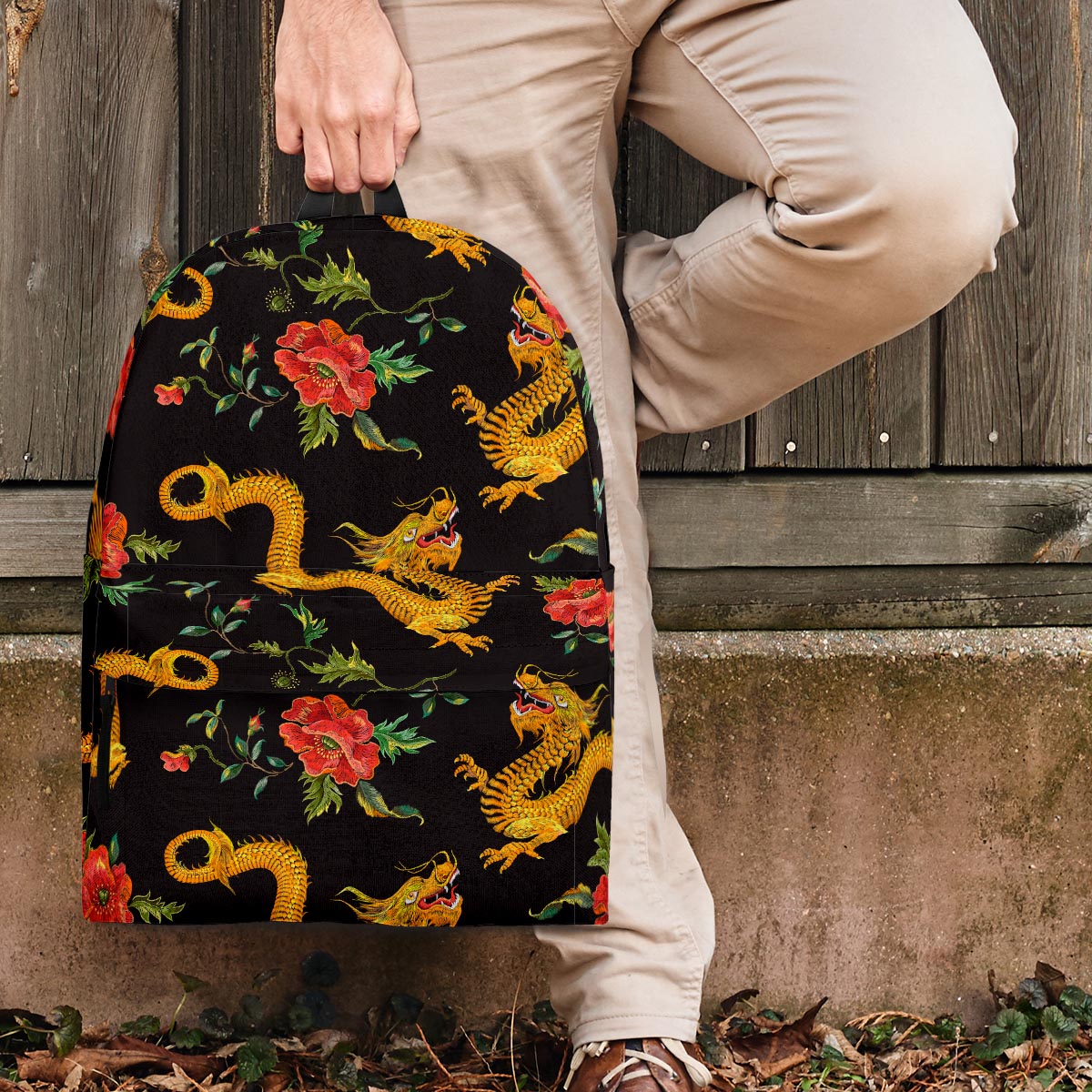 Rose Floral Golden Dragon Print Backpack-grizzshop