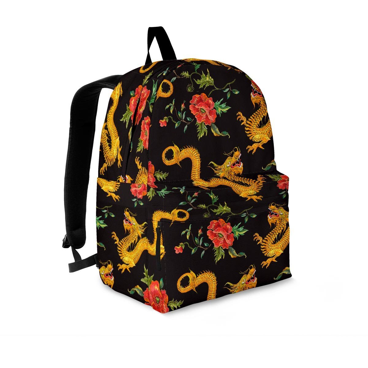 Rose Floral Golden Dragon Print Backpack-grizzshop