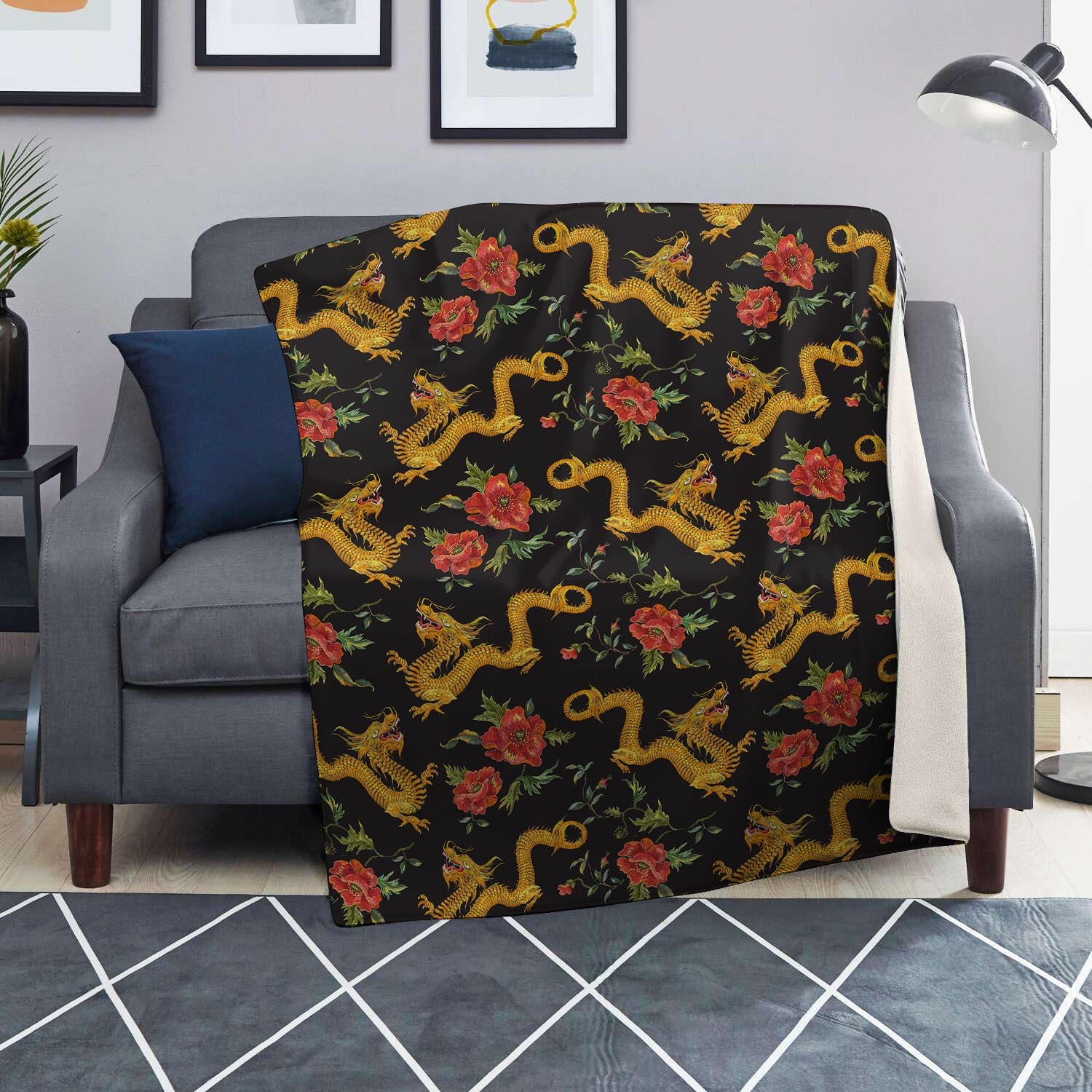 Rose Floral Golden Dragon Print Blanket-grizzshop