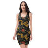 Rose Floral Golden Dragon Print Bodycon Dress-grizzshop