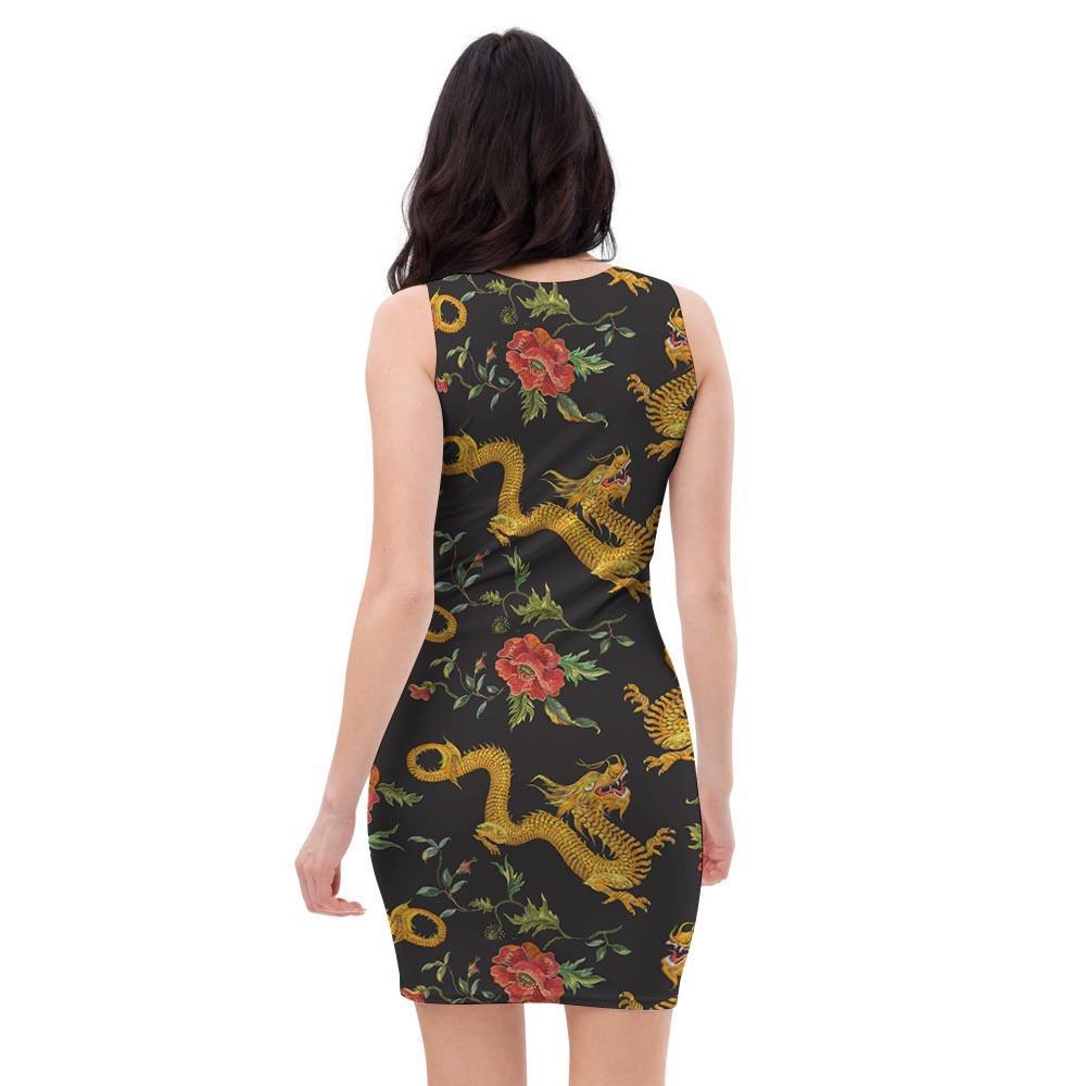 Rose Floral Golden Dragon Print Bodycon Dress-grizzshop