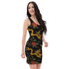 Rose Floral Golden Dragon Print Bodycon Dress-grizzshop