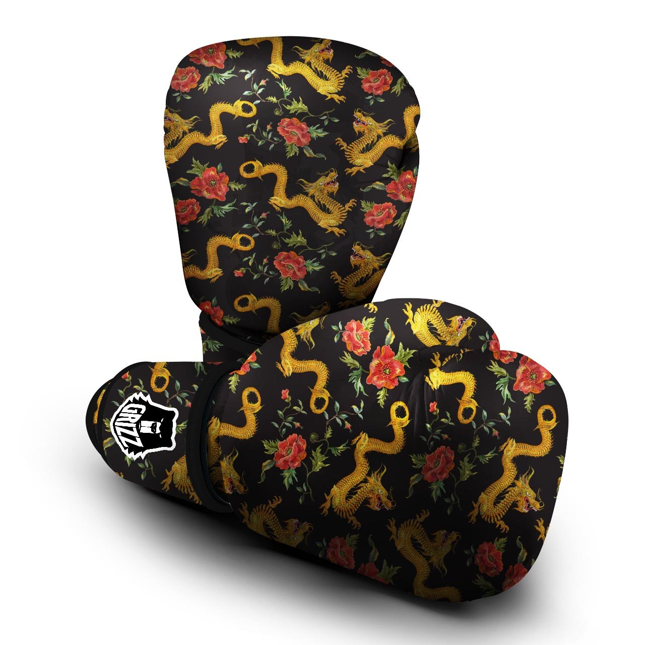 Rose Floral Golden Dragon Print Boxing Gloves-grizzshop