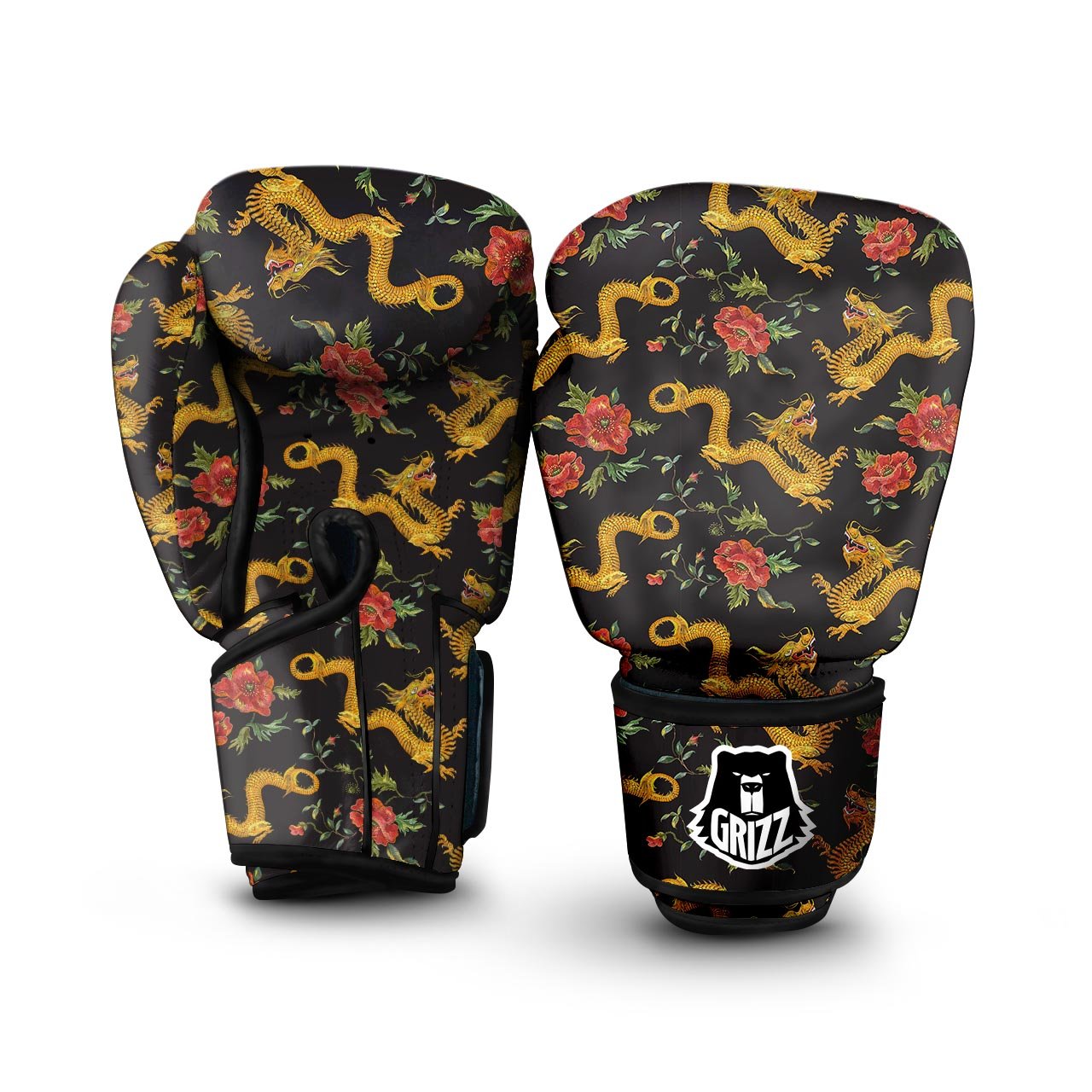 Rose Floral Golden Dragon Print Boxing Gloves-grizzshop