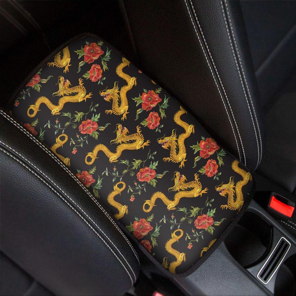 Rose Floral Golden Dragon Print Car Console Cover-grizzshop