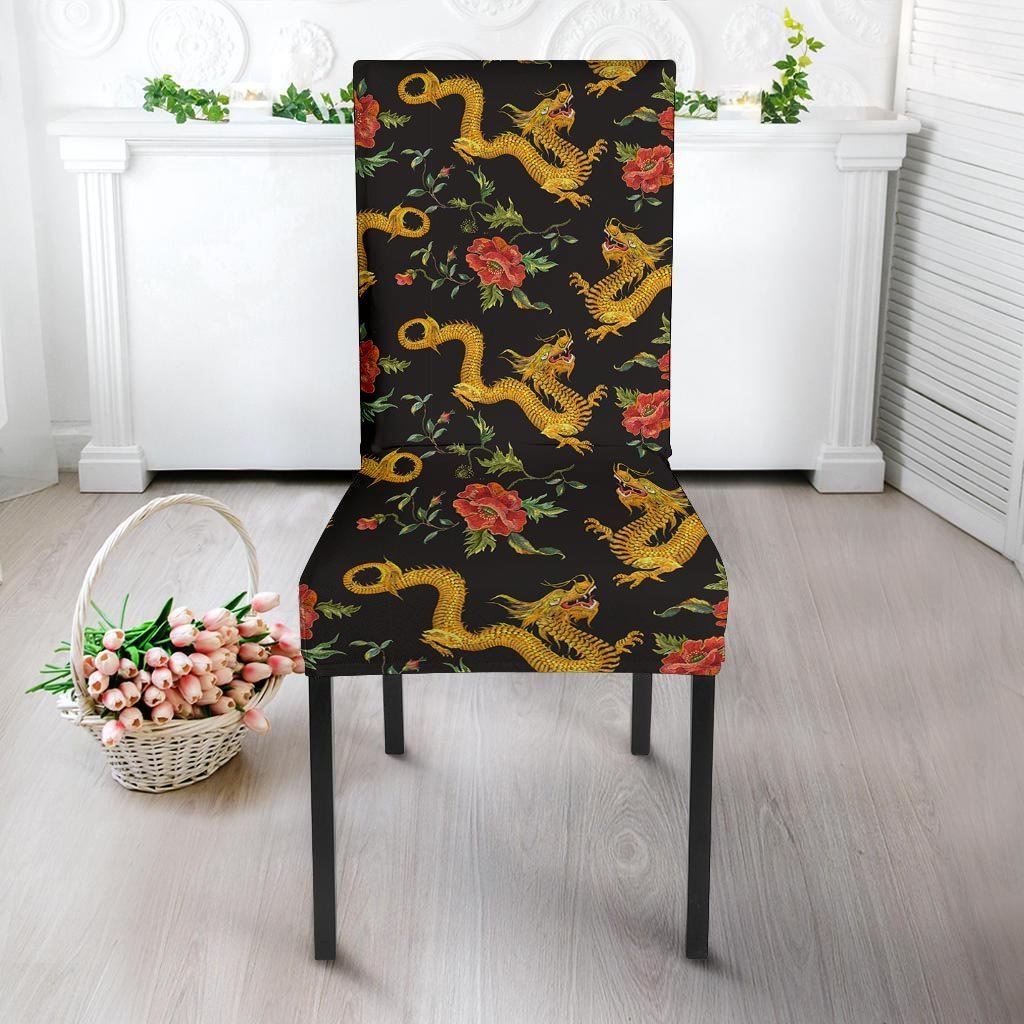 Rose Floral Golden Dragon Print Chair Cover-grizzshop