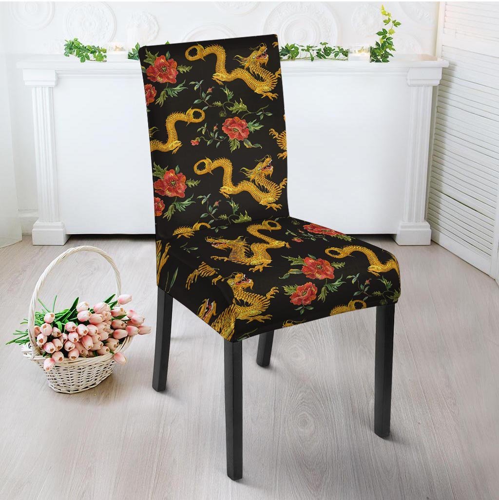 Rose Floral Golden Dragon Print Chair Cover-grizzshop