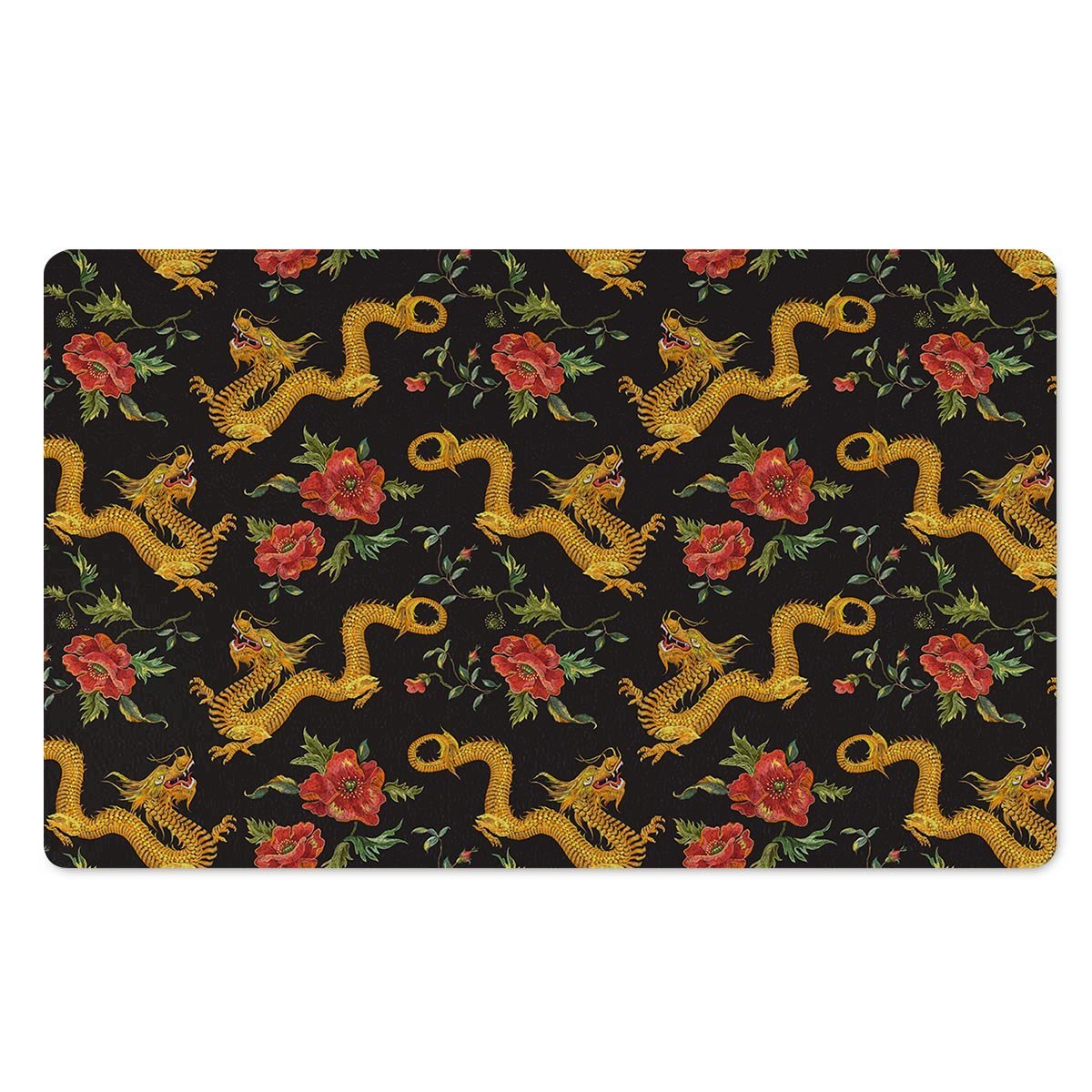 Rose Floral Golden Dragon Print Door Mat-grizzshop