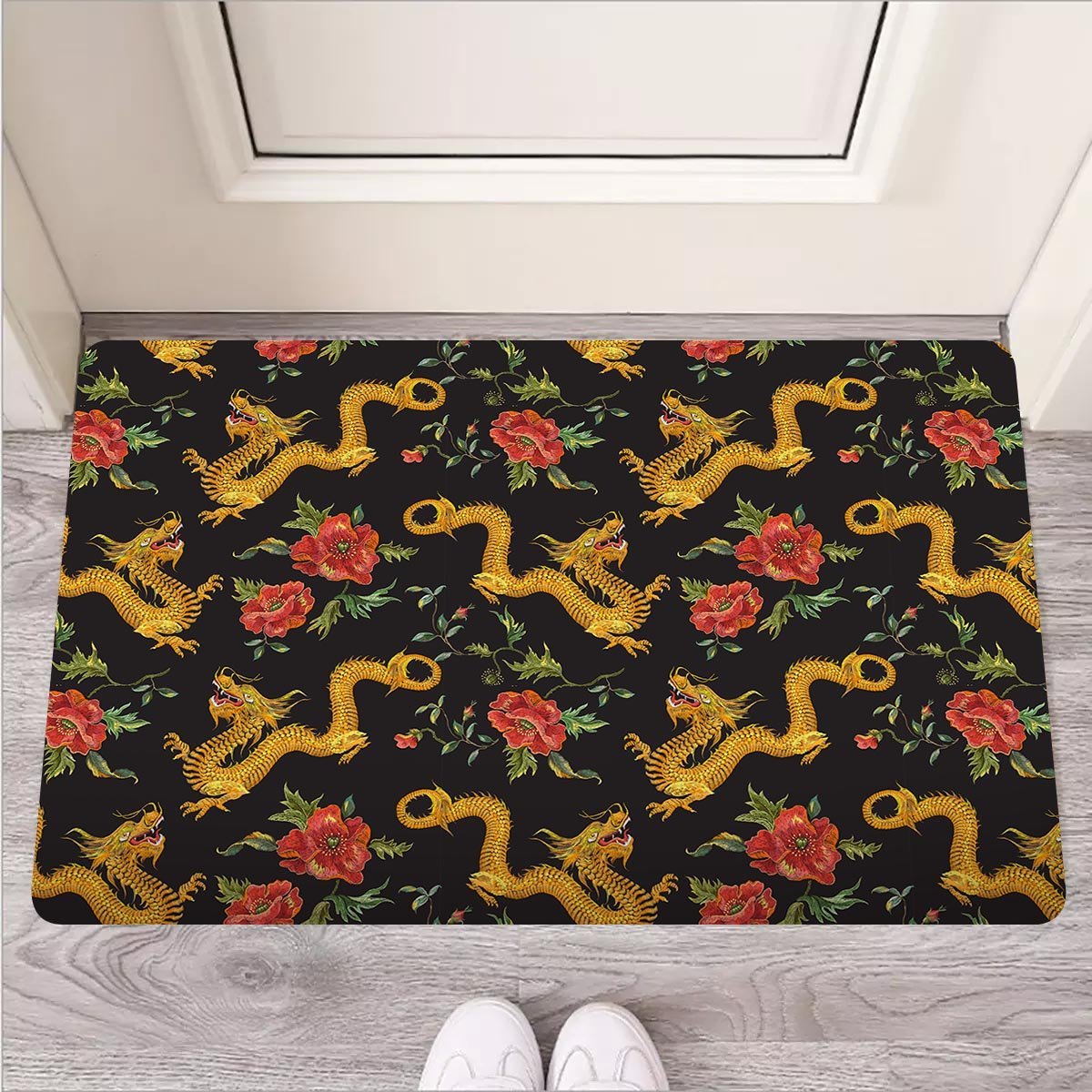 Rose Floral Golden Dragon Print Door Mat-grizzshop