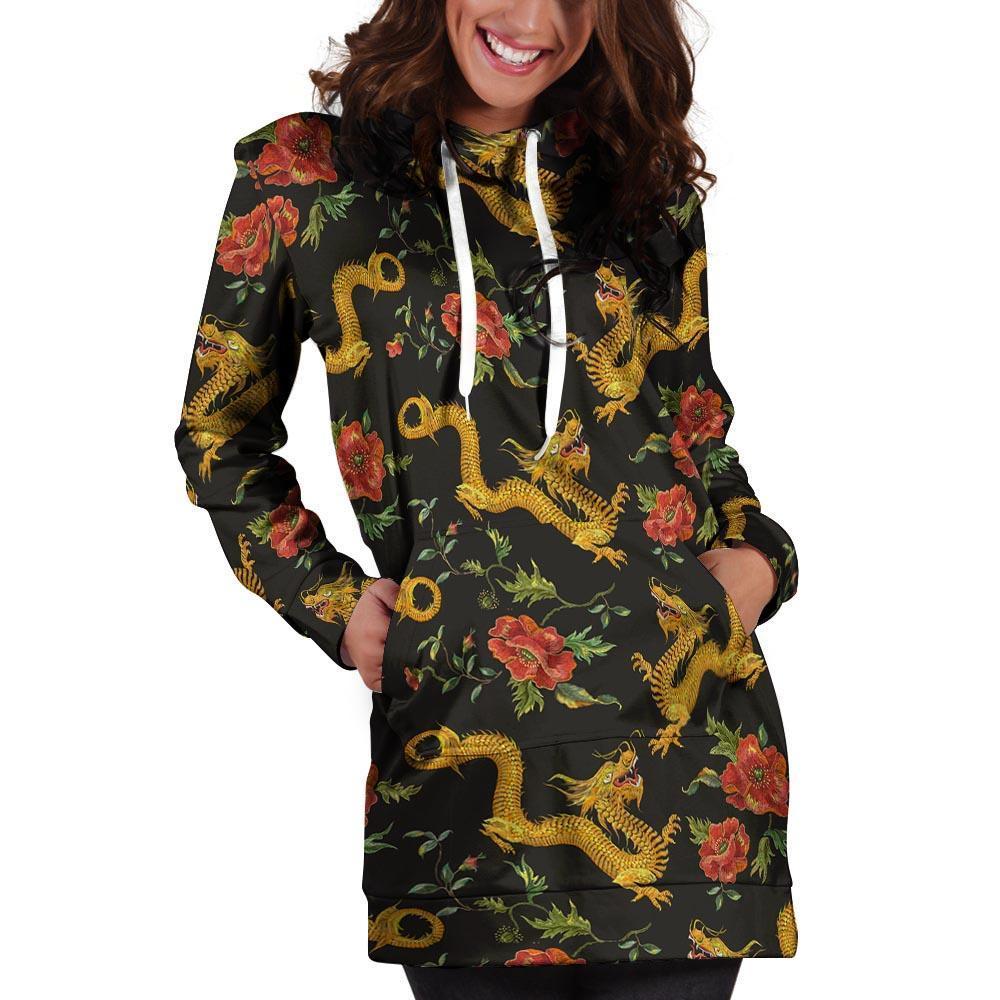 Rose Floral Golden Dragon Print Hoodie Dress-grizzshop