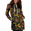 Rose Floral Golden Dragon Print Hoodie Dress-grizzshop