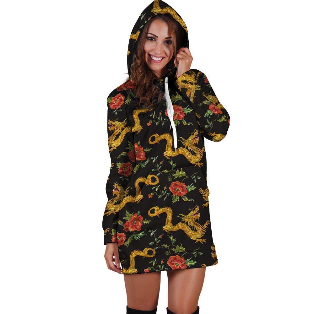 Rose Floral Golden Dragon Print Hoodie Dress-grizzshop