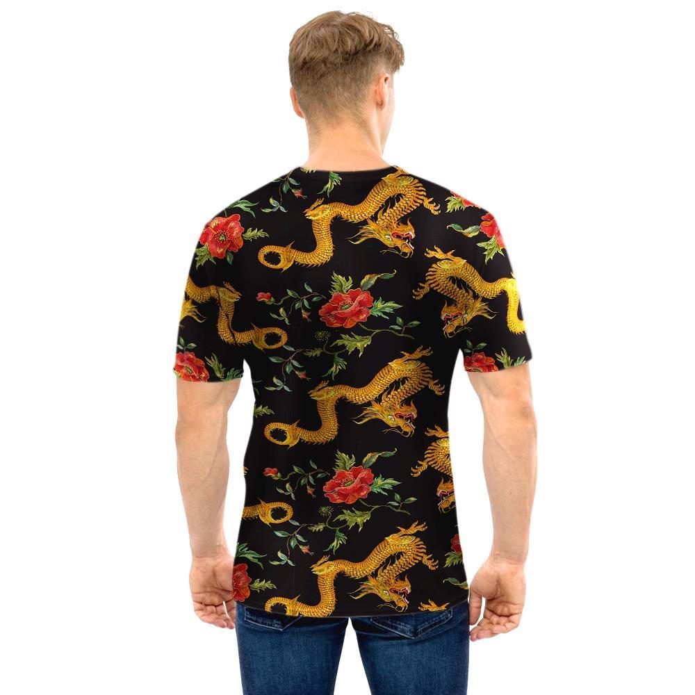 Rose Floral Golden Dragon Print Men T Shirt-grizzshop