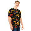 Rose Floral Golden Dragon Print Men T Shirt-grizzshop