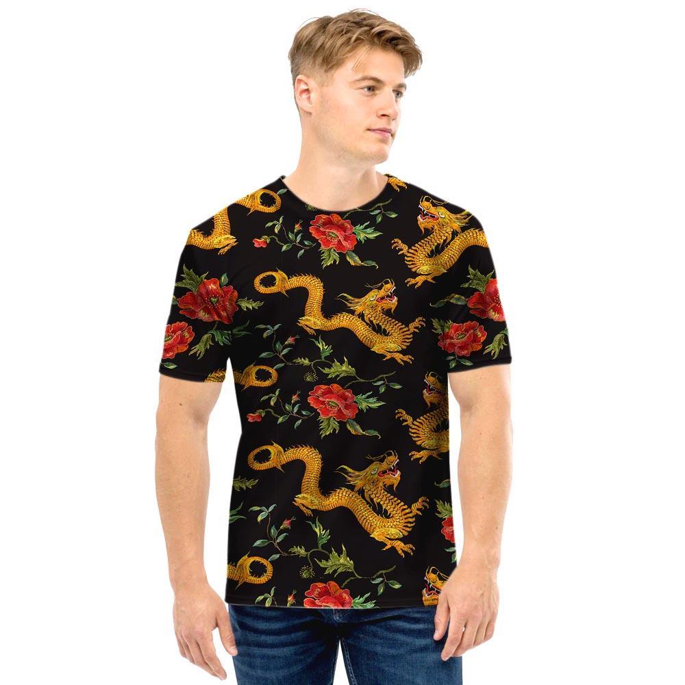 Rose Floral Golden Dragon Print Men T Shirt-grizzshop