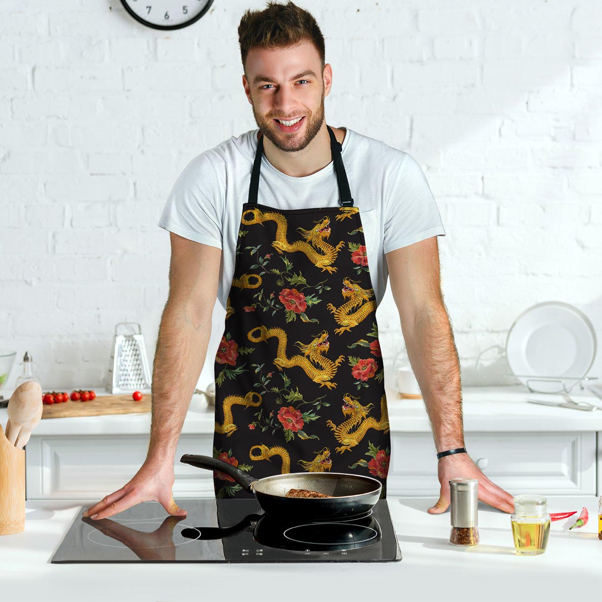 Rose Floral Golden Dragon Print Men's Apron-grizzshop