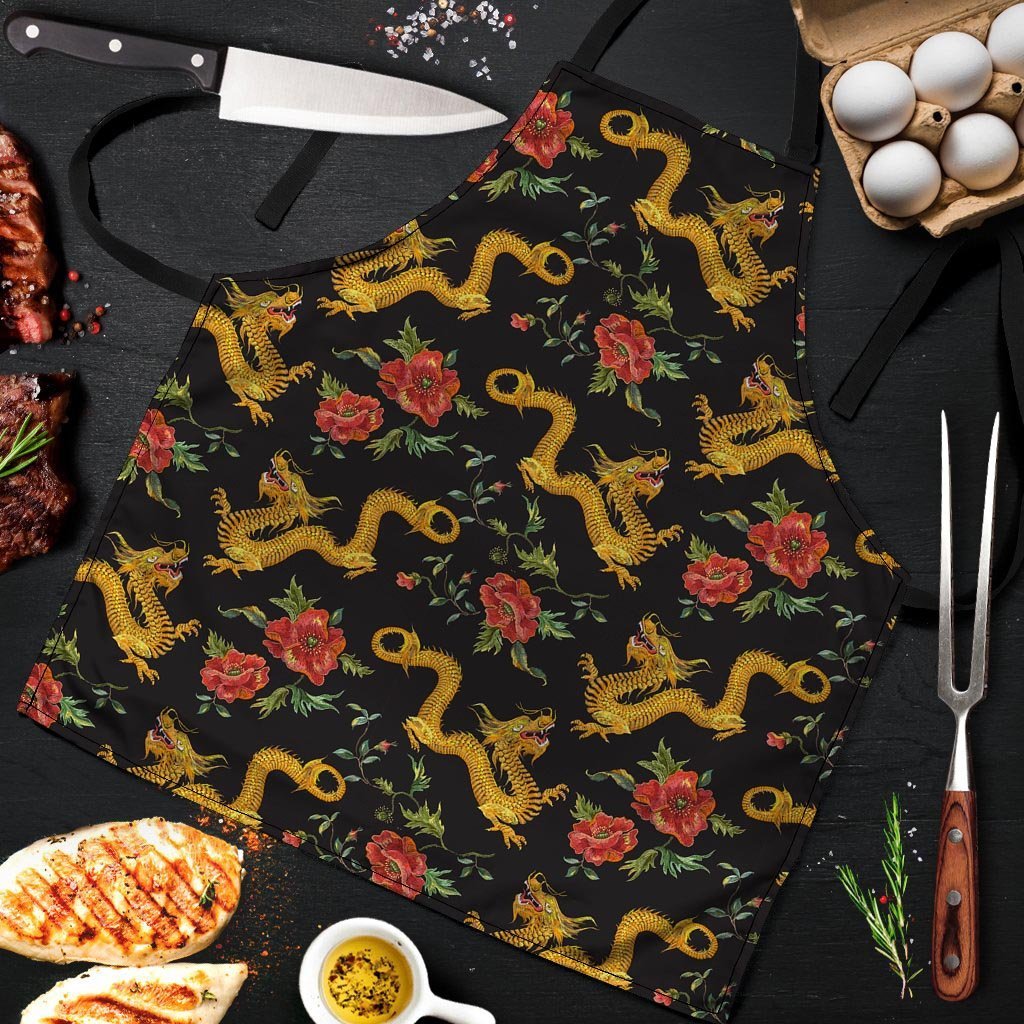 Rose Floral Golden Dragon Print Men's Apron-grizzshop