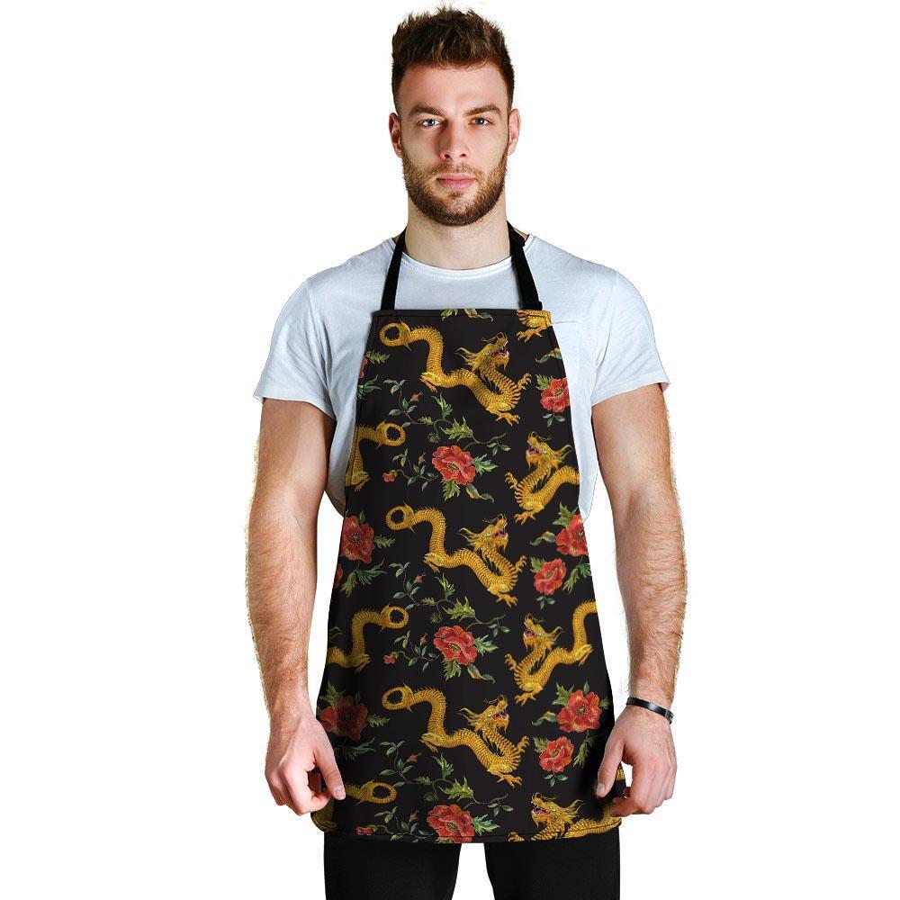 Rose Floral Golden Dragon Print Men's Apron-grizzshop