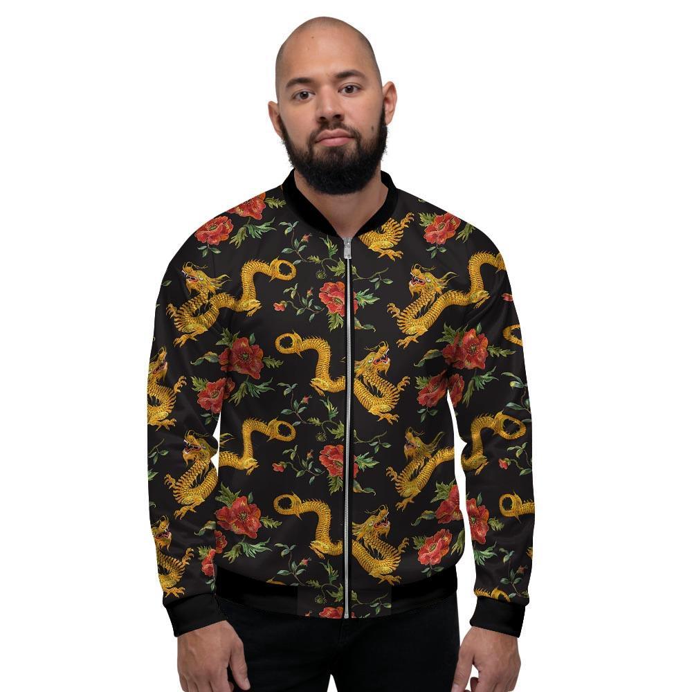 Rose Floral Golden Dragon Print Men's Bomber Jacket-grizzshop