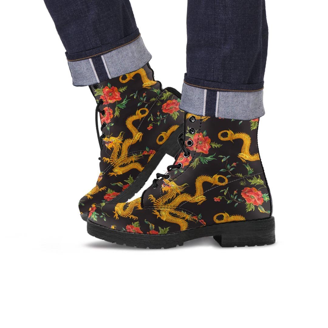 Rose Floral Golden Dragon Print Men's Boots-grizzshop