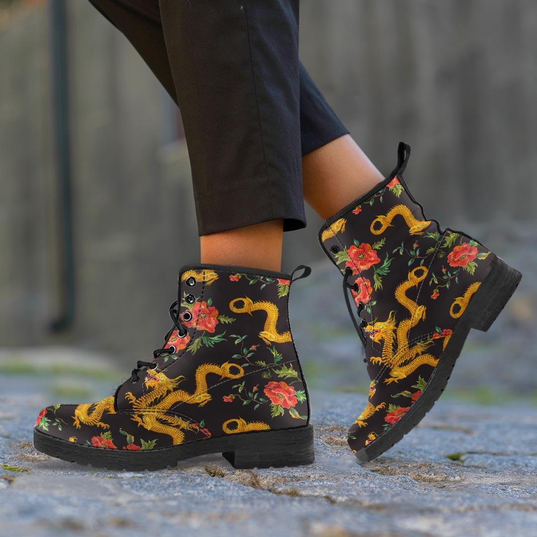 Rose Floral Golden Dragon Print Men's Boots-grizzshop