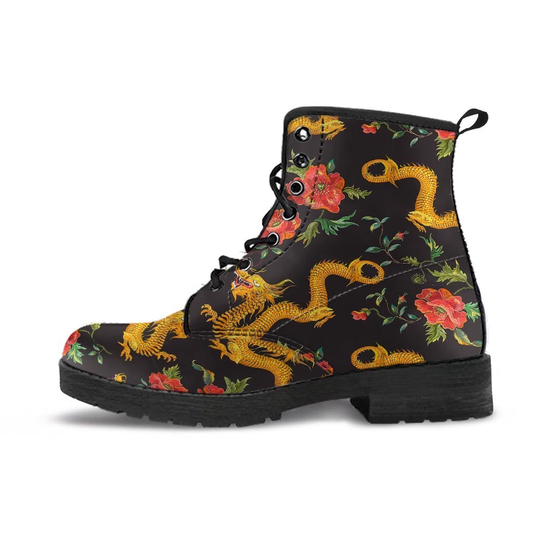 Rose Floral Golden Dragon Print Men's Boots-grizzshop