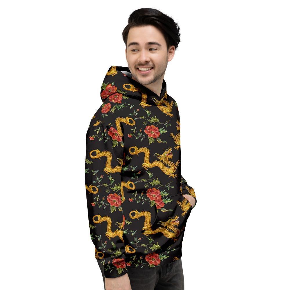 Rose Floral Golden Dragon Print Men's Hoodie-grizzshop