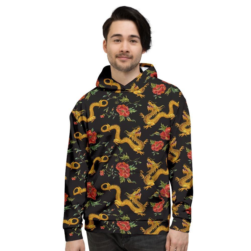 Rose Floral Golden Dragon Print Men's Hoodie-grizzshop