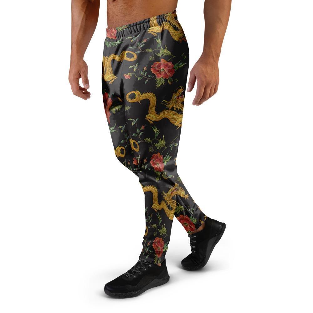 Rose Floral Golden Dragon Print Men's Joggers-grizzshop