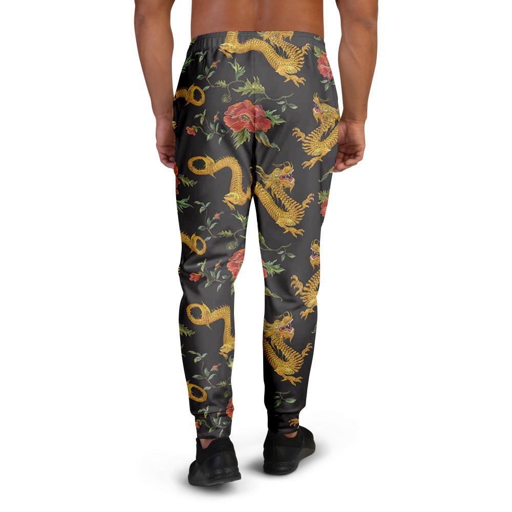 Rose Floral Golden Dragon Print Men's Joggers-grizzshop