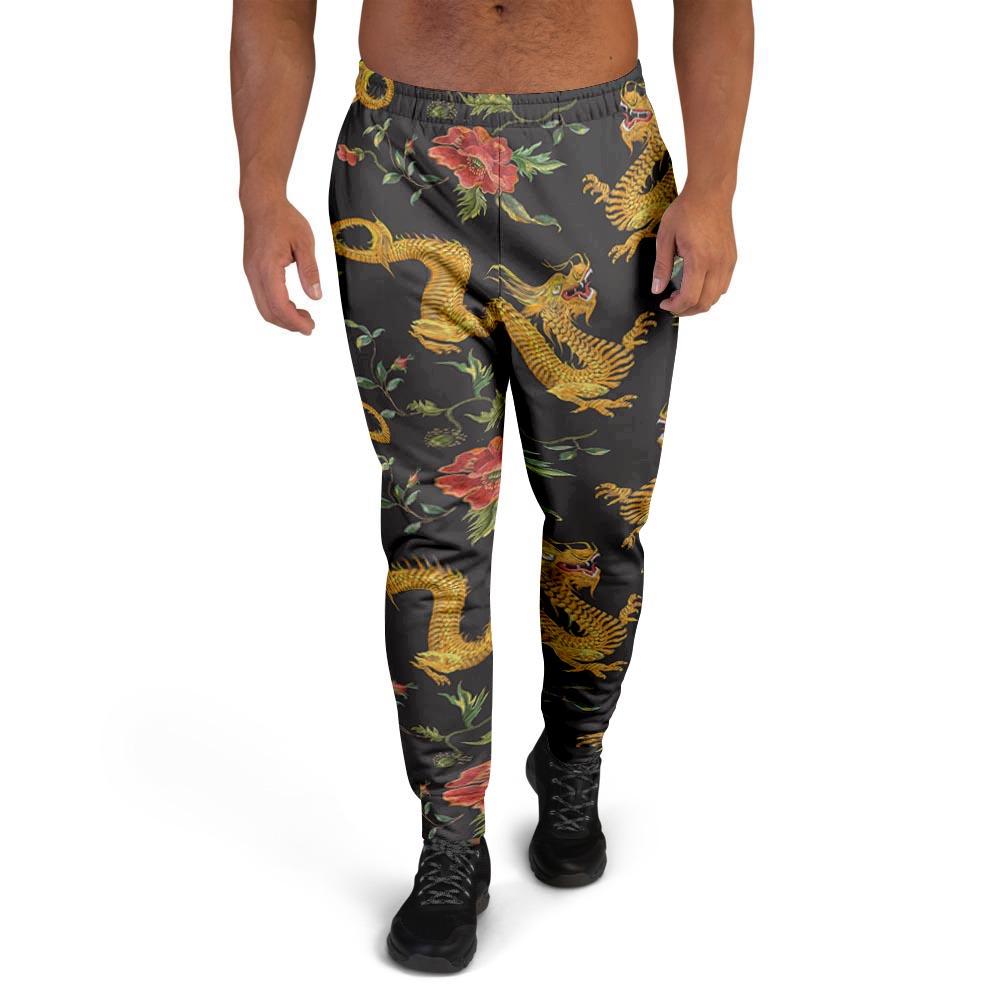 Rose Floral Golden Dragon Print Men's Joggers-grizzshop