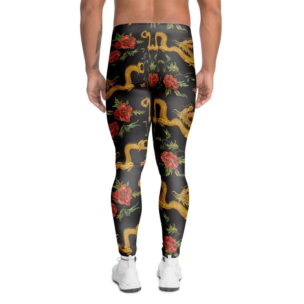 Rose Floral Golden Dragon Print Men's Leggings-grizzshop