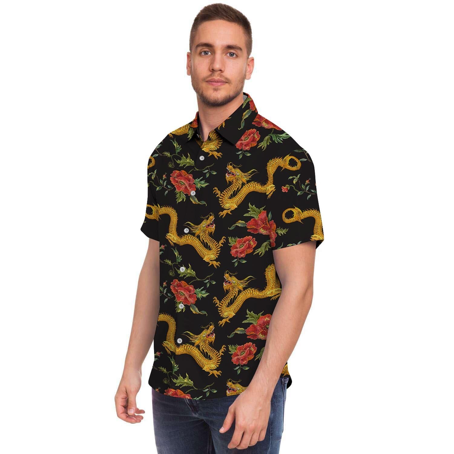 Rose Floral Golden Dragon Print Men's Short Sleeve Shirt-grizzshop