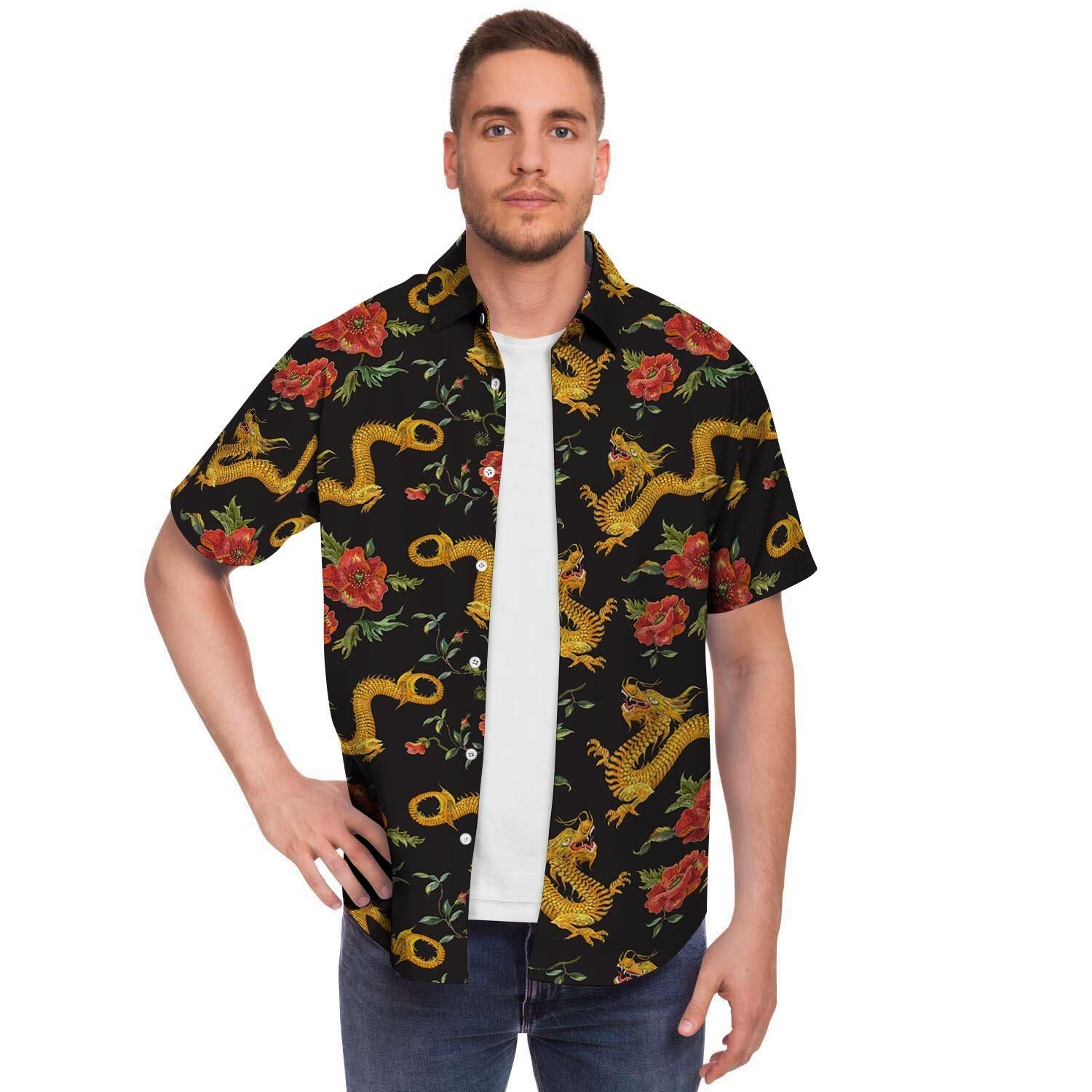 Rose Floral Golden Dragon Print Men's Short Sleeve Shirt-grizzshop