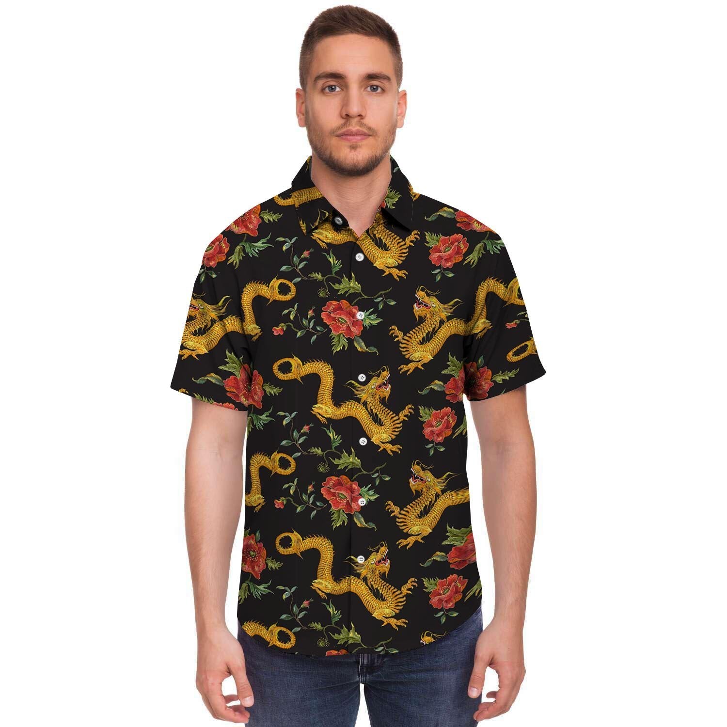 Rose Floral Golden Dragon Print Men's Short Sleeve Shirt-grizzshop